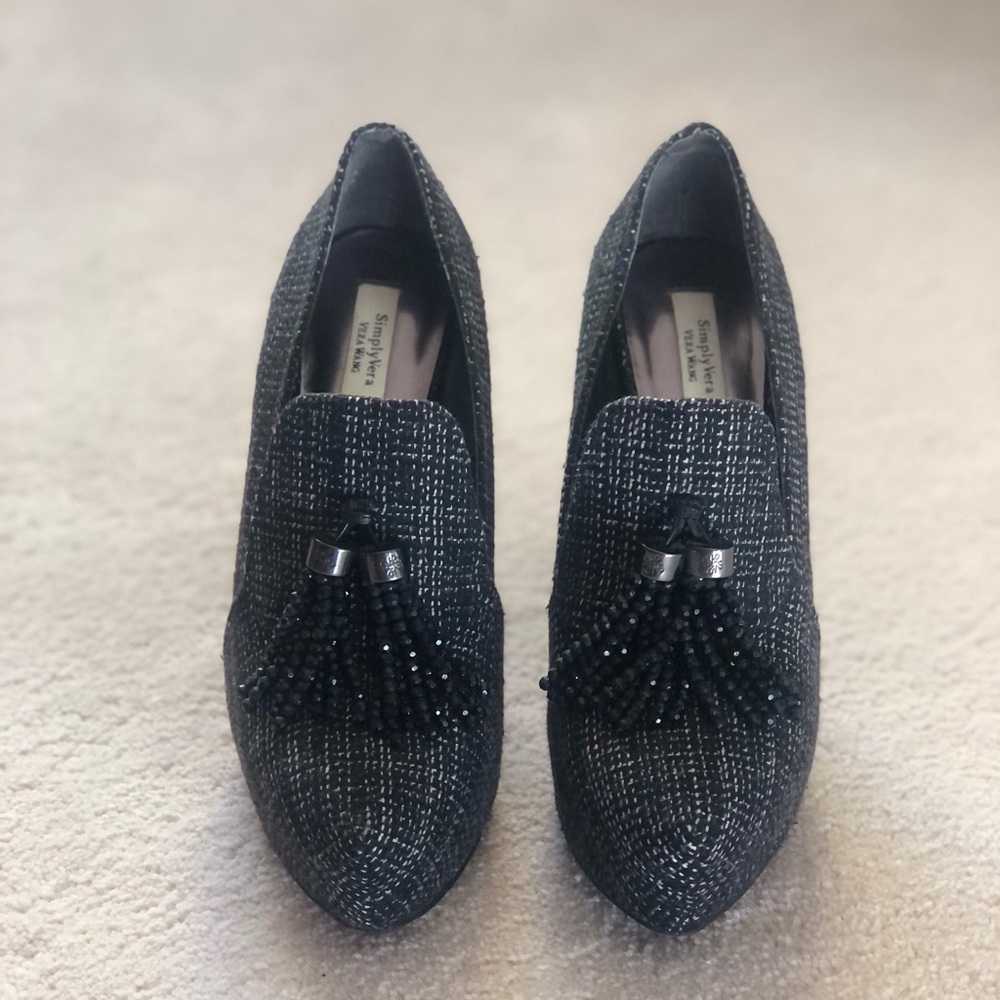 Tweed Black and White Heels with Beaded Tassels